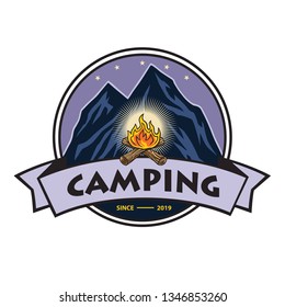 Mountain Adventure Campfire , Camping, Climbing Expedition Logo. Vintage Vector Logo and Labels, Icon Template Design Illustration Sign