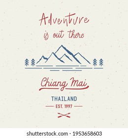 Mountain adventure with Chiang Mai hand lettering. City name in the northern province of Thailand. Travel concept with abstract watercolor splatters.
