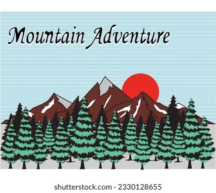 Mountain adventure design for t-shirt, banner, logo, print, typography and artwork. Plum tree, ice mountain, sun, sunset, forest and others elements in this artwork.