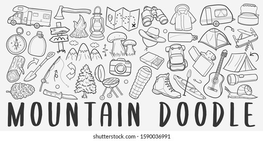 Mountain Adventure Doodle Line Art Illustration. Hand Drawn Vector Clip Art. Banner Set Logos.