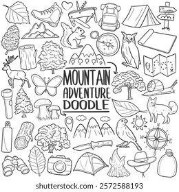 Mountain Adventure Doodle Line Art Illustration. Hand Drawn Vector Clip Art.