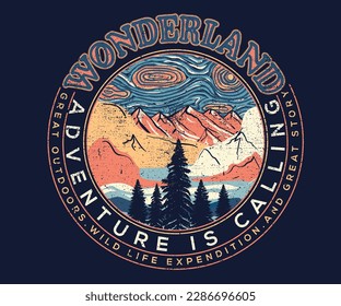 Mountain adventure. Explore graphic print design for apparel. Wonderland artwork for t shirt , sweatshirt, poster, sticker and others. Colorful sky.