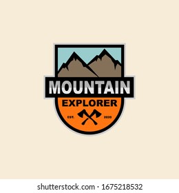 Mountain adventure explorer badge vector logo design featuring rugged peaks, compass elements, and outdoor motifs. Ideal for travel gear, hiking clubs, camping brands, and wilderness exploration logos