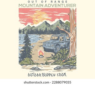 Mountain adventure. Extreme adventure artwork for poster, sticker, background and others. Nature is better. All good things are wild and free. Mountain design, pain tree. Campfire, car. road trip.