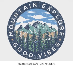 Mountain adventure graphic print design for apparel, t shirt, sticker, poster, wallpaper and others. Summer Vibes, Mountain graphic print.