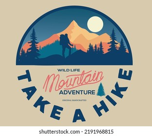 Mountain adventure graphic print vector design for t shirt, poster, sticker and others. Forest  design.