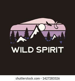 Mountain Adventure Graphic for T-Shirt, prints. Vintage hand drawn buffalo camp emblem. Retro summer winter travel scene, unusual badge. Wild Spirit Typography Label. Stock vector.