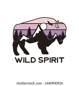 Mountain Adventure Graphic for T-Shirt, prints. Vintage hand drawn buffalo camp emblem. Retro summer winter travel scene, unusual badge. Wild Spirit Typography Label. Stock vector isolated