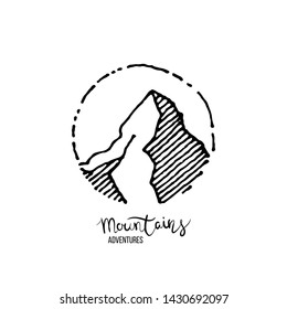 Mountain adventure. Hand drawn grunge label with mountains. Inspirational textured vector illustration with lettering