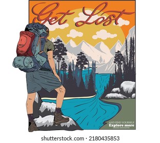 Mountain adventure. Hike adventure vector print design. Wild lake artwork for posters, stickers, background and others. Outdoor vibes illustration.  - Shutterstock ID 2180435853