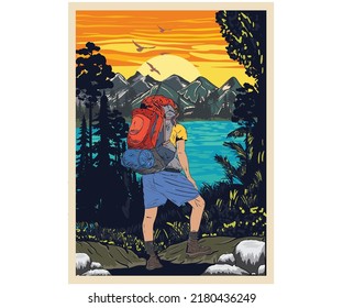 Mountain adventure. Hike adventure vector print design. Wild lake artwork for posters, stickers, background and others. Outdoor vibes illustration. 