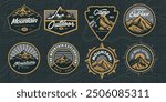 mountain adventure hipster logos. Set of Vintage Outdoor mountains Summer Camp badges or Patches. vector emblem designs. Great for shirts, stamps, stickers logos and labels.