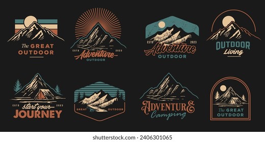 mountain adventure hipster logos. Set of Vintage Outdoor mountains Summer Camp badges or Patches. vector emblem designs. Great for shirts, stamps, stickers logos and labels.