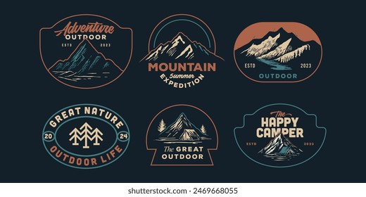 mountain adventure hipster logos. Set of Vintage Outdoor mountains Summer Camp badges or Patches. vector emblem designs. Great for shirts, stamps, stickers logos and labels.