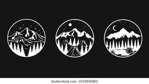 Logos de Hipster de Mountain Adventure. Establecer diseños de emblemas de Vector. Genial para camisas,