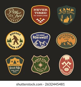 mountain adventure hipster logos. Set of Vintage Outdoor mountains Summer Camp badges or Patches. vector emblem designs. Great for shirts, stamps, stickers logos and labels.