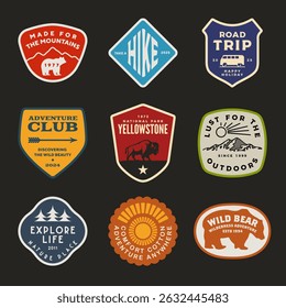 mountain adventure hipster logos. Set of Vintage Outdoor mountains Summer Camp badges or Patches. vector emblem designs. Great for shirts, stamps, stickers logos and labels.