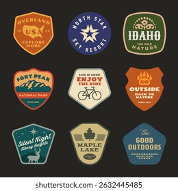 mountain adventure hipster logos. Set of Vintage Outdoor mountains Summer Camp badges or Patches. vector emblem designs. Great for shirts, stamps, stickers logos and labels.