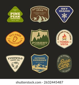 mountain adventure hipster logos. Set of Vintage Outdoor mountains Summer Camp badges or Patches. vector emblem designs. Great for shirts, stamps, stickers logos and labels.