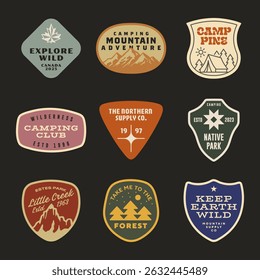 mountain adventure hipster logos. Set of Vintage Outdoor mountains Summer Camp badges or Patches. vector emblem designs. Great for shirts, stamps, stickers logos and labels.