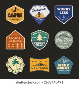 mountain adventure hipster logos. Set of Vintage Outdoor mountains Summer Camp badges or Patches. vector emblem designs. Great for shirts, stamps, stickers logos and labels.