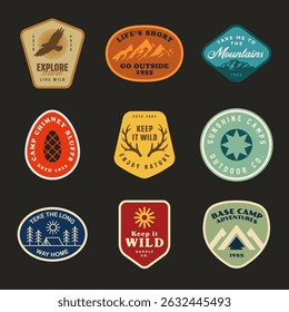 mountain adventure hipster logos. Set of Vintage Outdoor mountains Summer Camp badges or Patches. vector emblem designs. Great for shirts, stamps, stickers logos and labels.