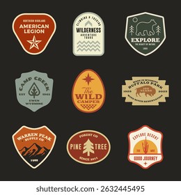 mountain adventure hipster logos. Set of Vintage Outdoor mountains Summer Camp badges or Patches. vector emblem designs. Great for shirts, stamps, stickers logos and labels.