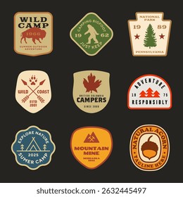 mountain adventure hipster logos. Set of Vintage Outdoor mountains Summer Camp badges or Patches. vector emblem designs. Great for shirts, stamps, stickers logos and labels.