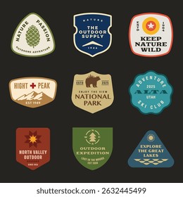 mountain adventure hipster logos. Set of Vintage Outdoor mountains Summer Camp badges or Patches. vector emblem designs. Great for shirts, stamps, stickers logos and labels.