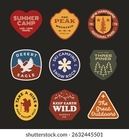 mountain adventure hipster logos. Set of Vintage Outdoor mountains Summer Camp badges or Patches. vector emblem designs. Great for shirts, stamps, stickers logos and labels.