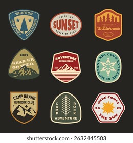 mountain adventure hipster logos. Set of Vintage Outdoor mountains Summer Camp badges or Patches. vector emblem designs. Great for shirts, stamps, stickers logos and labels.