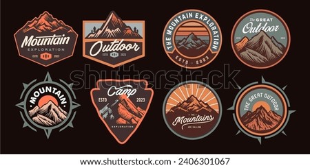 mountain adventure hipster logos. Set of Vintage Outdoor mountains Summer Camp badges or Patches. vector emblem designs. Great for shirts, stamps, stickers logos and labels.