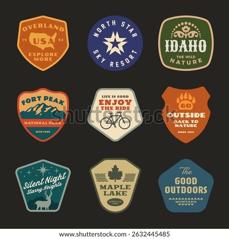 mountain adventure hipster logos. Set of Vintage Outdoor mountains Summer Camp badges or Patches. vector emblem designs. Great for shirts, stamps, stickers logos and labels.