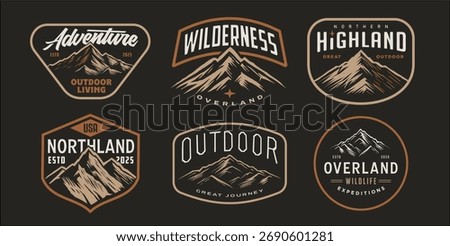 mountain adventure hipster logos. Set of Vintage Outdoor mountains Summer Camp badges or Patches. vector emblem designs. Great for shirts, stamps, stickers logos and labels.