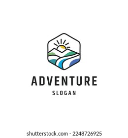 mountain adventure line art logo design.