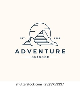 mountain adventure line art logo vector minimalist illustration design,  landscape mountain logo design