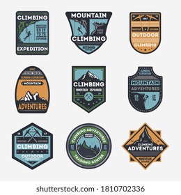 Mountain adventure logo. Climbing, hiking outdoor expedition advertisement. Mount explorer club vector vintage label logo. People travel activity, extreme touristic rout in mountain illustration
