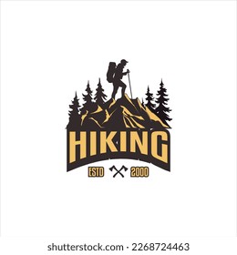 mountain adventure logo mountain climbing man on top of mountain standing, vintage logo mountain silhouette, carrying backpack. for camping equipment rental logo, camping equipment store