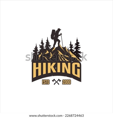 mountain adventure logo mountain climbing man on top of mountain standing, vintage logo mountain silhouette, carrying backpack. for camping equipment rental logo, camping equipment store