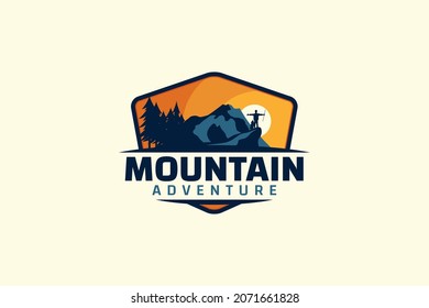 mountain adventure logo with a combination of people on top of hill, mountain, and forests, in dynamic emblem.