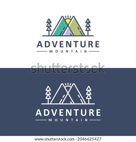 Mountain Adventure Logo Design with Mountain Icons, Spruce or Pine Trees, Sun Vector Illustration. With a Modern Style Concept Colorful Line Art.