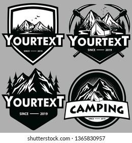 Mountain Adventure Logo Set, Camping, Ice Climbing Expedition. Vintage Vector Logo and Labels, Icons Template Design Illustration Black and White Collection