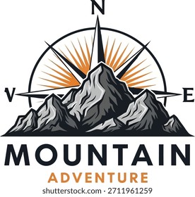 Logotipo de aventura de montaña con brújula estilizada y tipografía atrevida