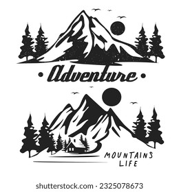 Mountain adventure logotypes black white retro hand drawn sketch