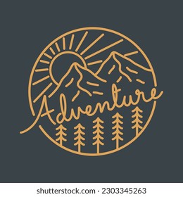 Mountain adventure in mono line art design for badge, sticker, t shirt design, etc