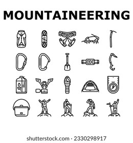 mountain adventure mountaineering icons set vector. climbing travel, hiking sport, climb climber, extreme nature, outdoor hiker trekking mountain adventure mountaineering black contour illustrations