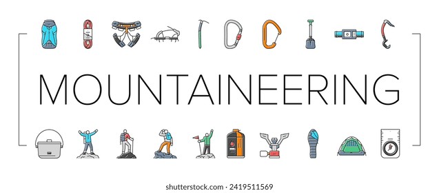 mountain adventure mountaineering icons set vector. climbing travel, hiking sport, climb climber, extreme nature, outdoor hiker trekking mountain adventure mountaineering color line illustrations