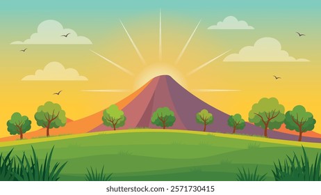 Mountain Adventure Nature Scenery Landscape with Trees in Forest and Sunlight in the Morning