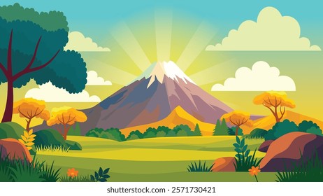 Mountain Adventure Nature Scenery Landscape with Trees in Forest and Sunlight in the Morning