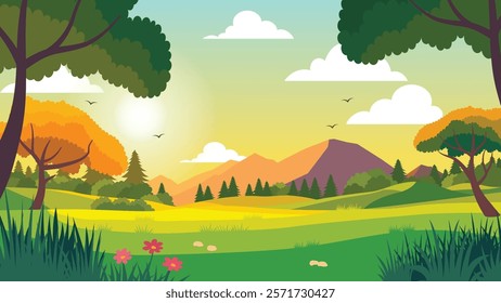 Mountain Adventure Nature Scenery Landscape with Trees in Forest and Sunlight in the Morning
